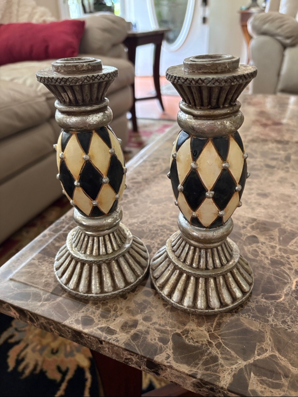 Elegant Black & Cream Harlequin Candlestick Pair - Home Accents